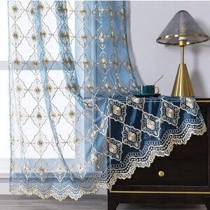 Blue and Cream Geometric Embroidered Sheer Curtains 2 panels